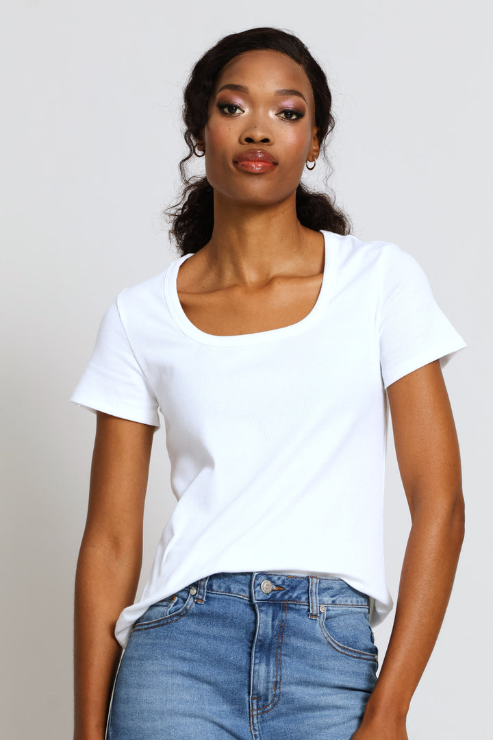 Scoop Neck Rib Fitted Tee - White