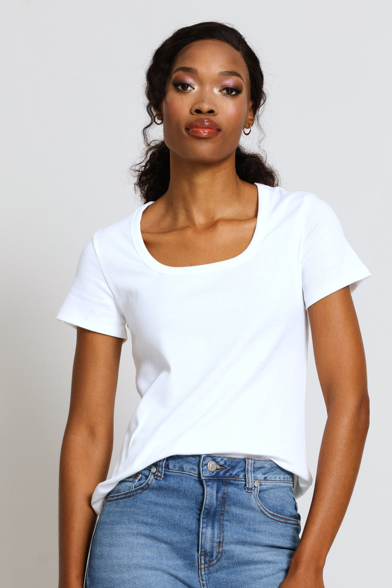 Scoop Neck Rib Fitted Tee - White