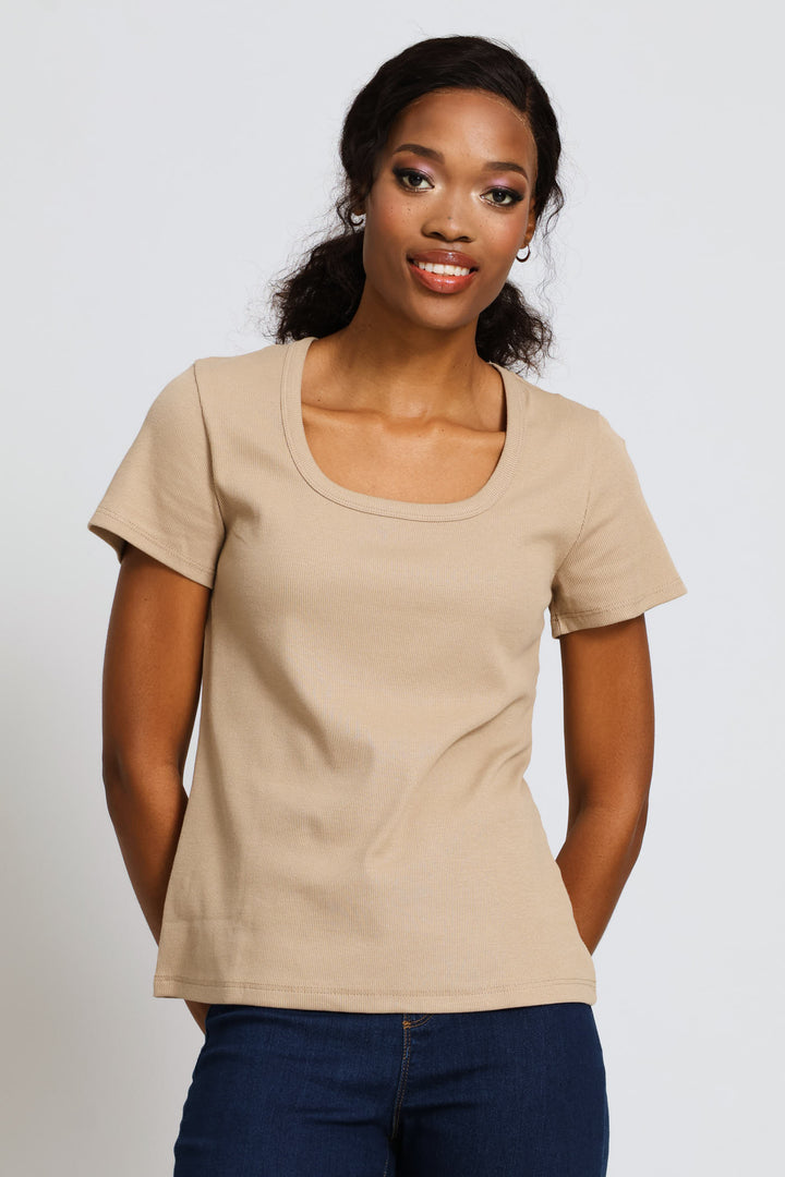 Scoop Neck Rib Fitted Tee - Dark Beige