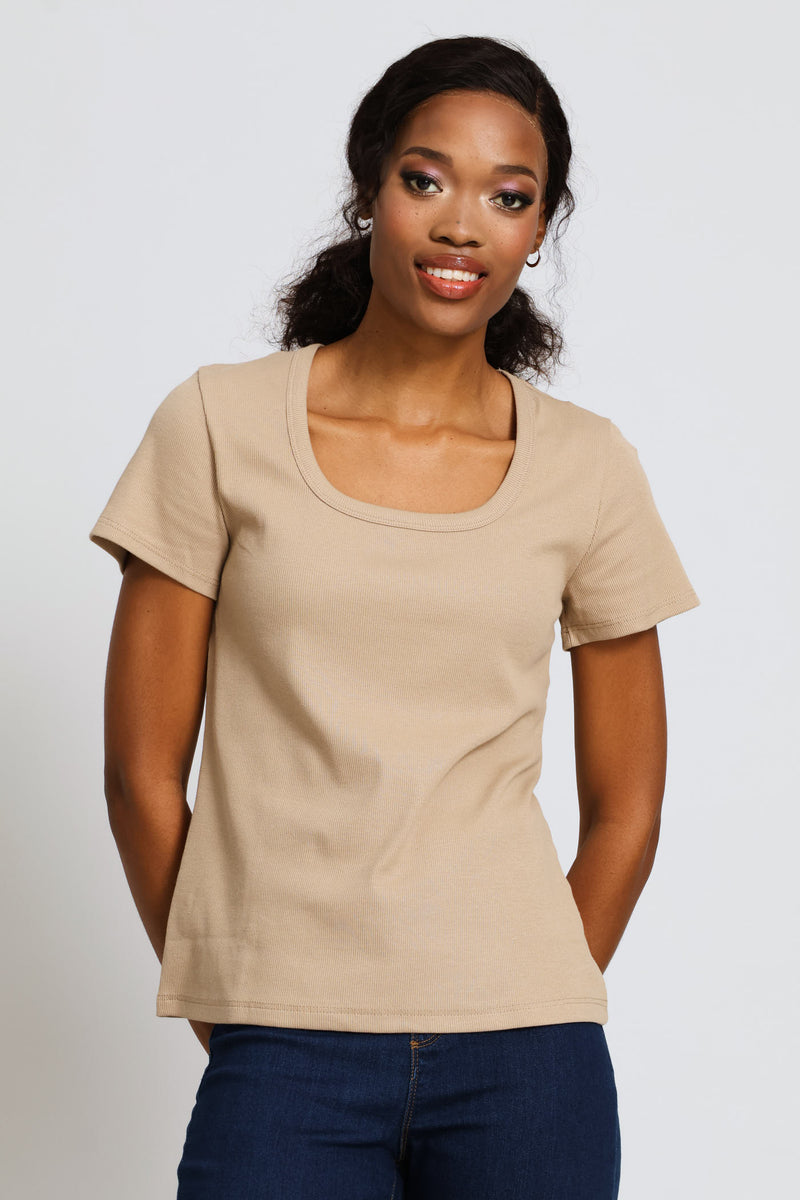 Scoop Neck Rib Fitted Tee - Dark Beige