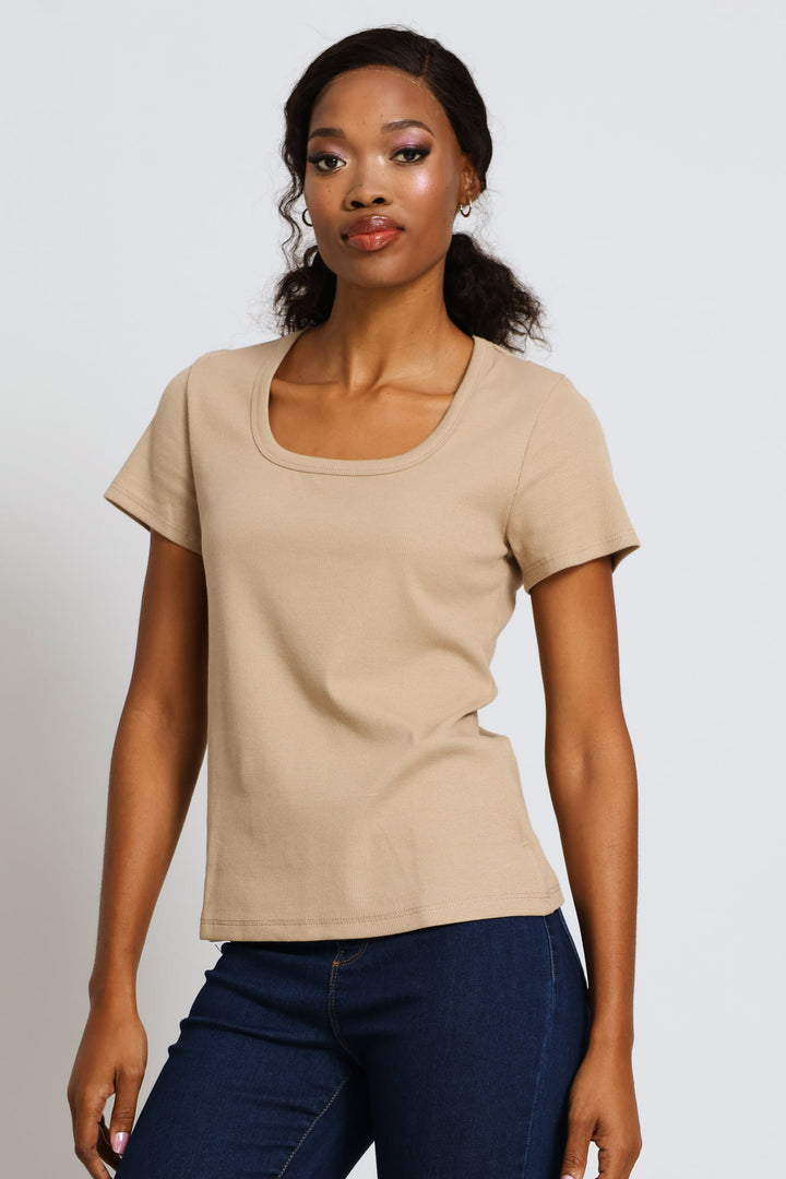 Scoop Neck Rib Fitted Tee - Dark Beige