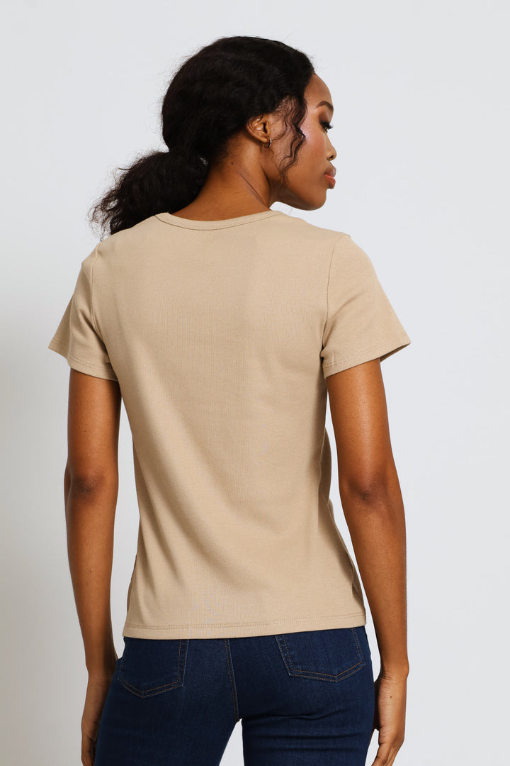 Scoop Neck Rib Fitted Tee - Dark Beige