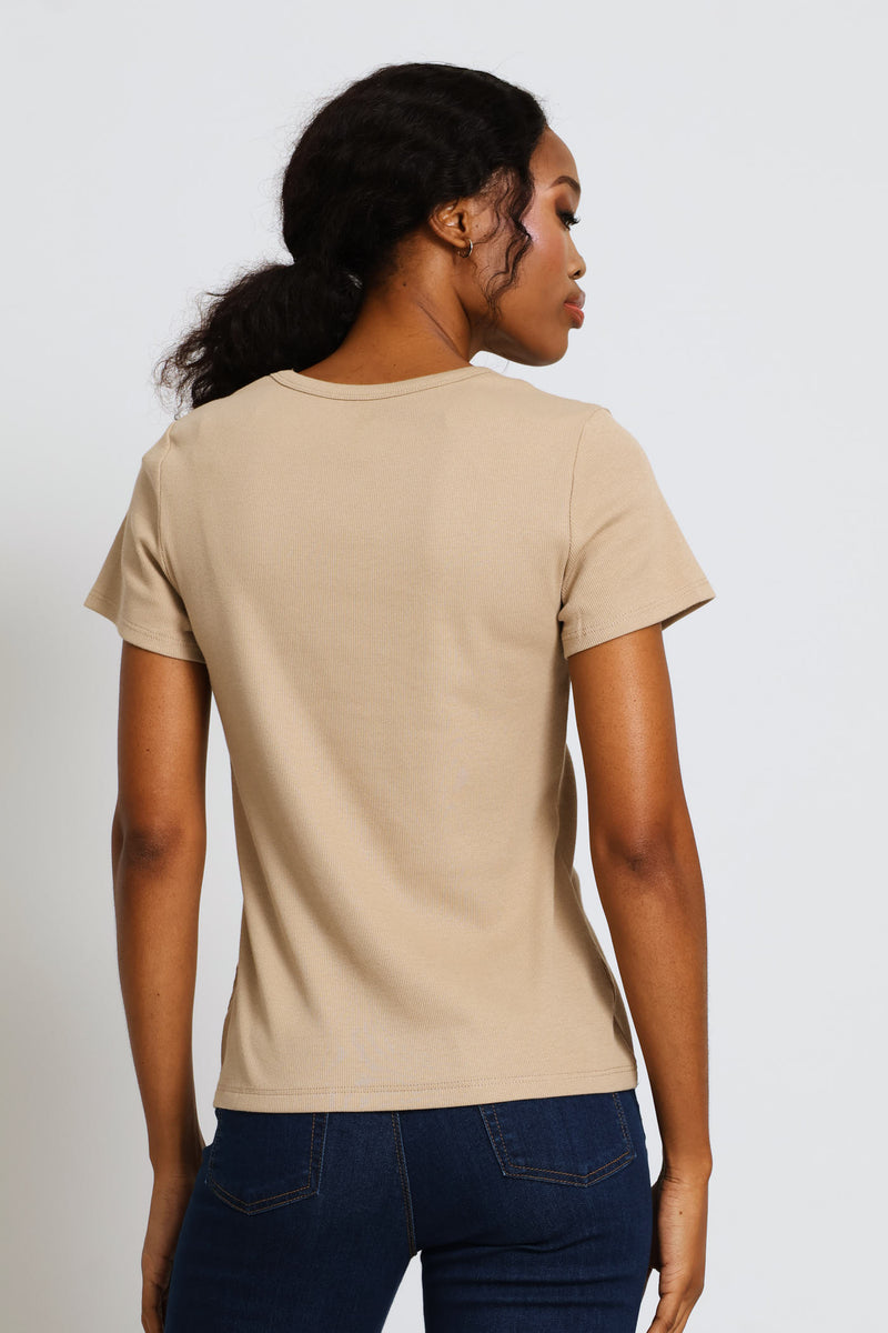 Scoop Neck Rib Fitted Tee - Dark Beige