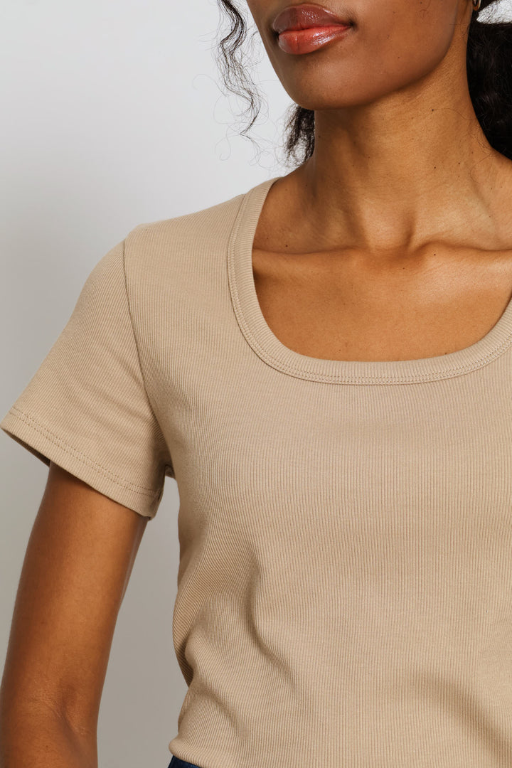 Scoop Neck Rib Fitted Tee - Dark Beige