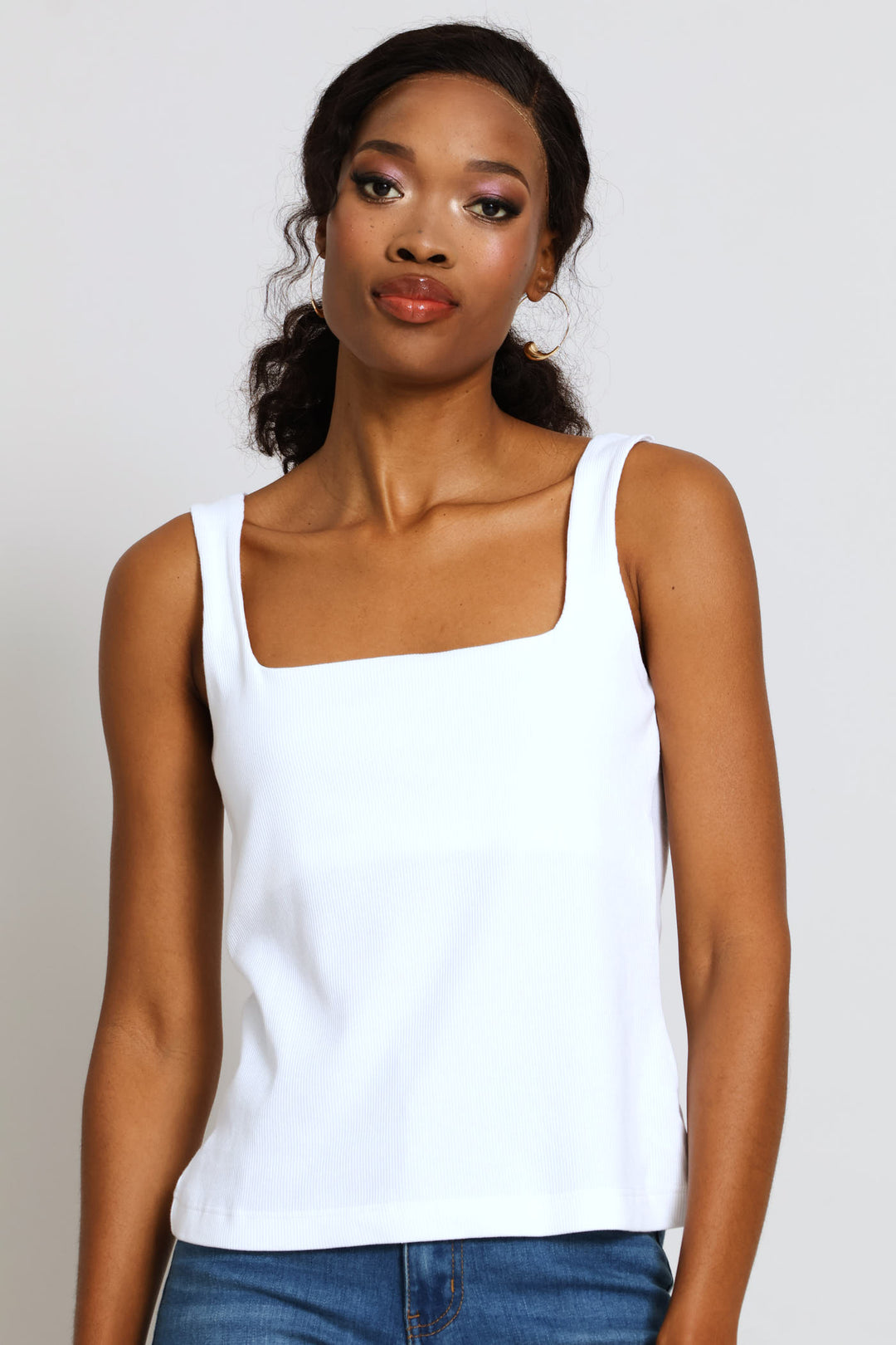 Square Neck Rib Tank - White