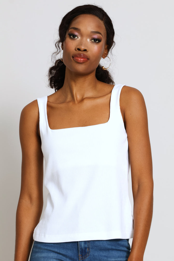 Square Neck Rib Tank - White