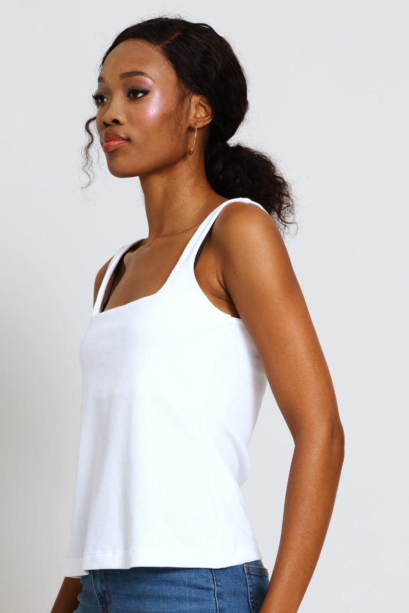 Square Neck Rib Tank - White