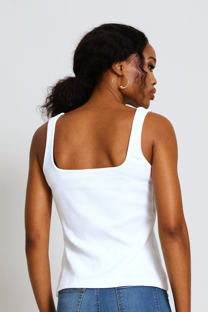Square Neck Rib Tank - White