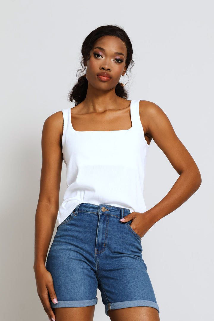 Square Neck Rib Tank - White