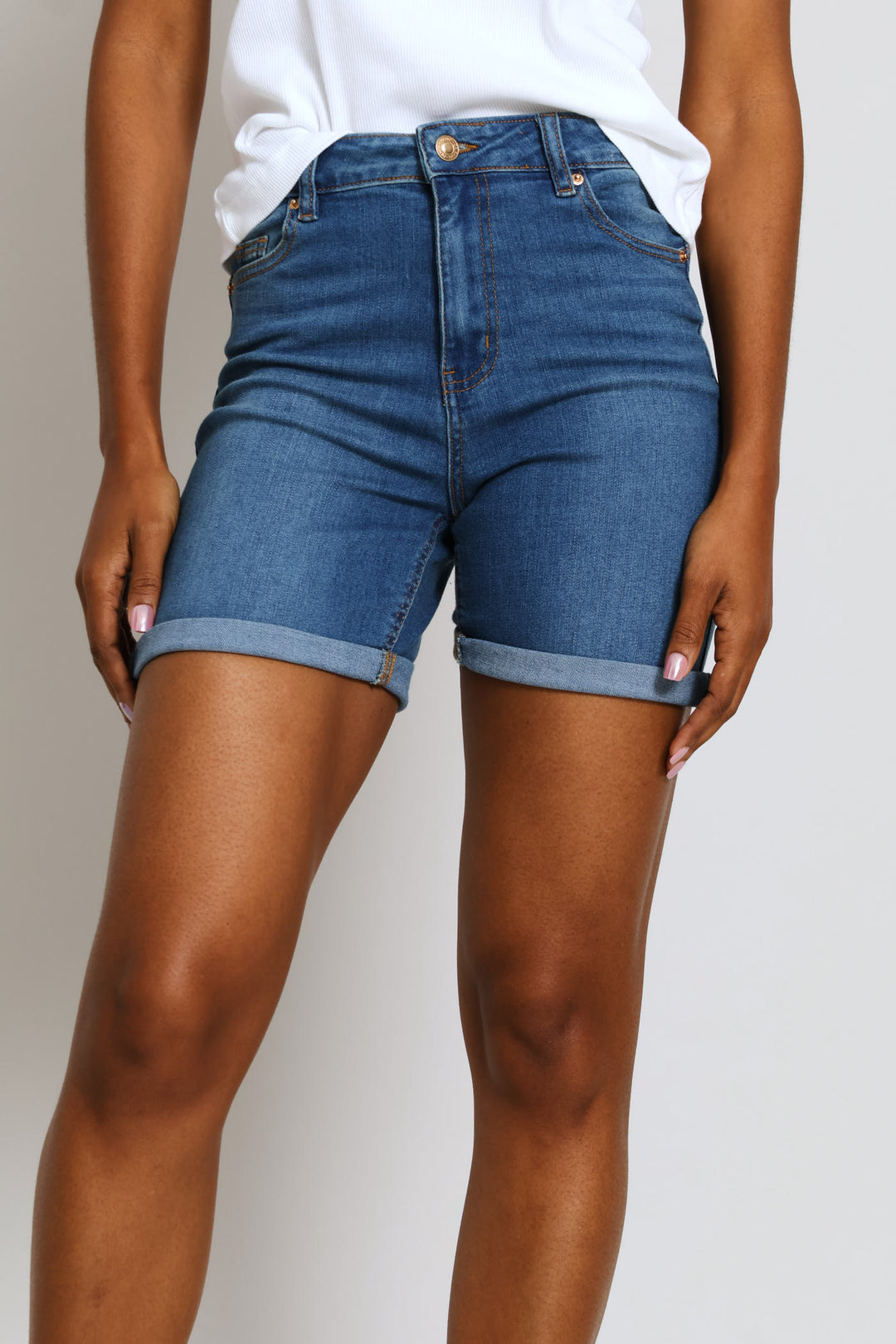 Classic Roll Hem Supersoft Denim Mid Thigh Short - Mid Blue