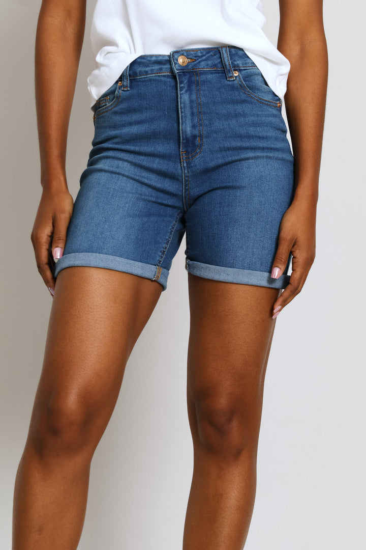 Classic Roll Hem Supersoft Denim Mid Thigh Short - Mid Blue