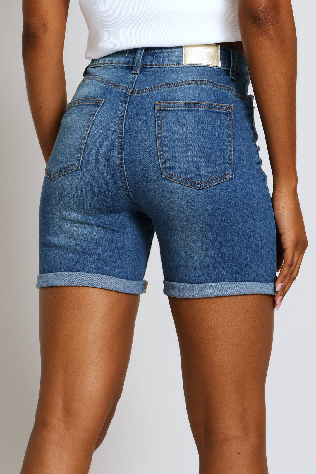 Classic Roll Hem Supersoft Denim Mid Thigh Short - Mid Blue