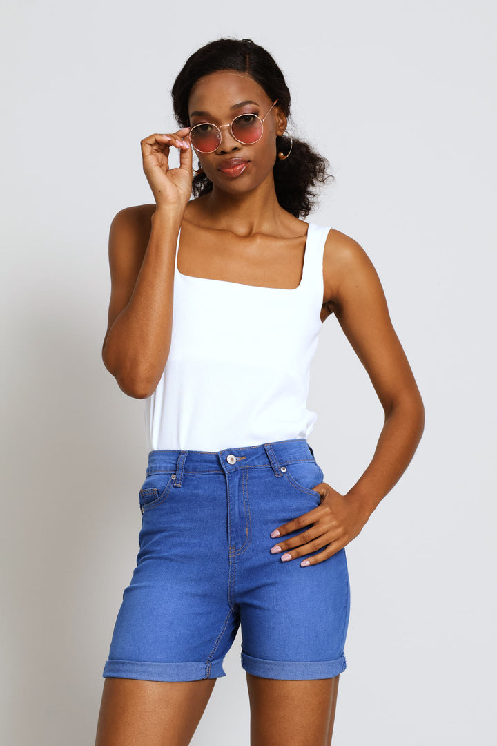 Classic Roll Hem Supersoft Mid Thigh Denim Short - Periwinkle