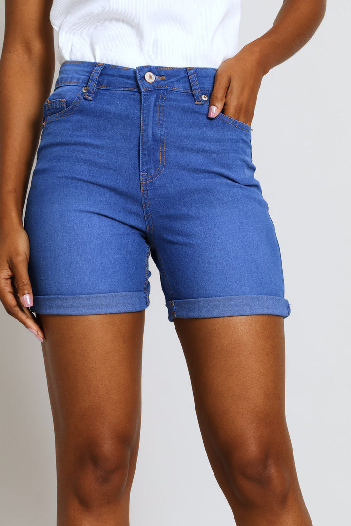 Classic Roll Hem Supersoft Mid Thigh Denim Short - Periwinkle
