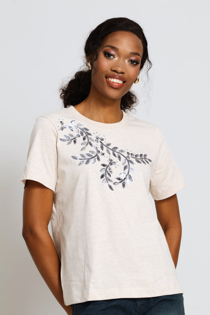 Beaded Shoulder Detail Tee - Oatmeal Melange