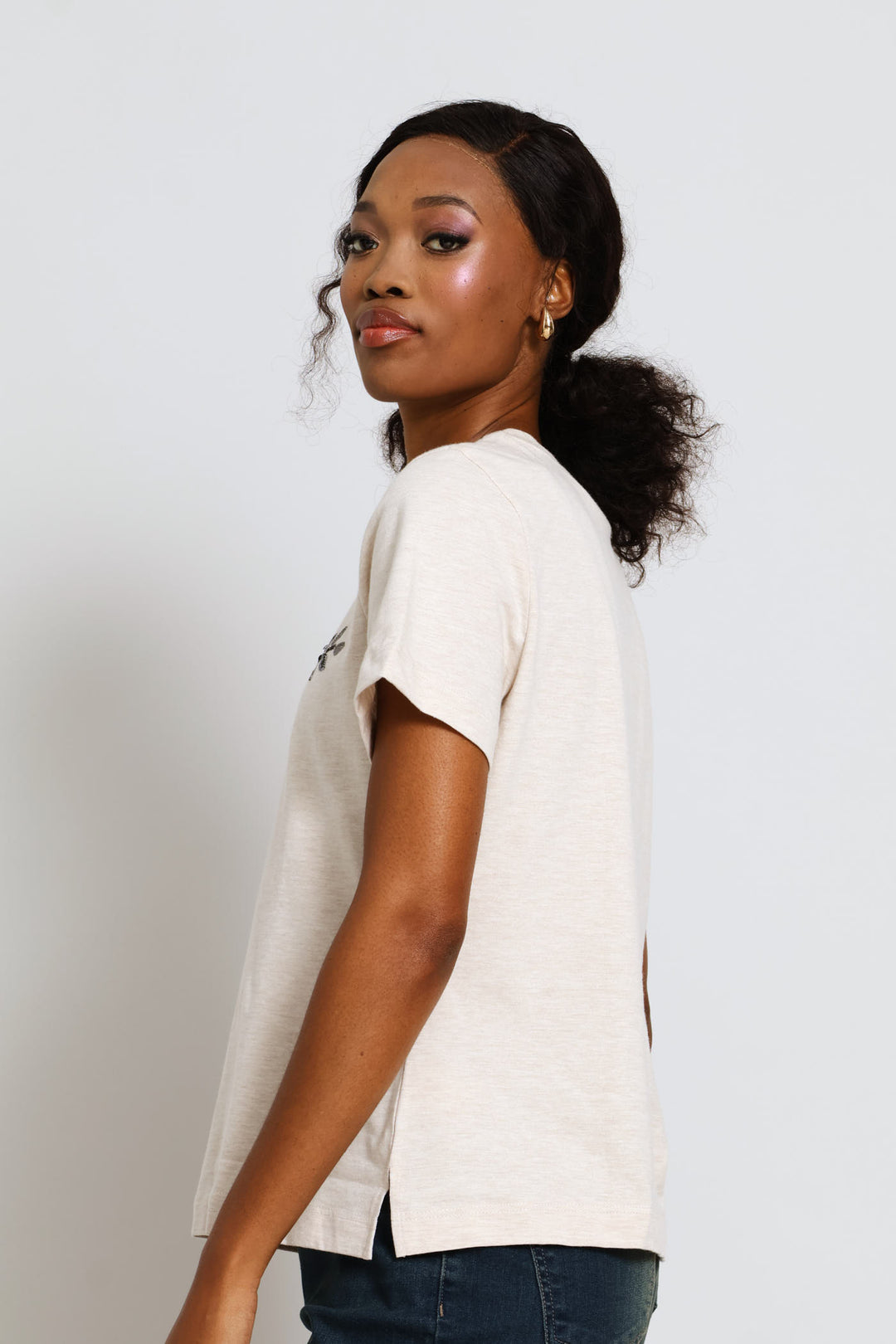 Beaded Shoulder Detail Tee - Oatmeal Melange