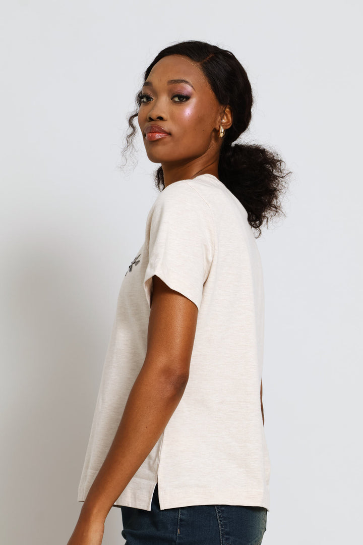Beaded Shoulder Detail Tee - Oatmeal Melange