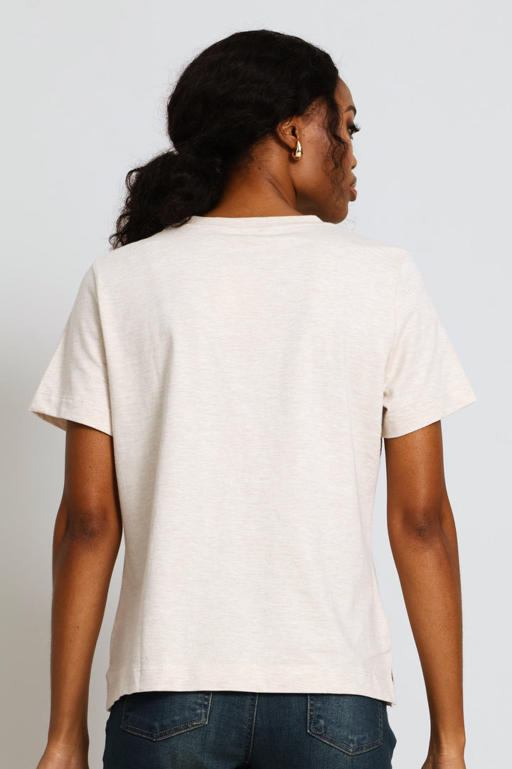 Beaded Shoulder Detail Tee - Oatmeal Melange