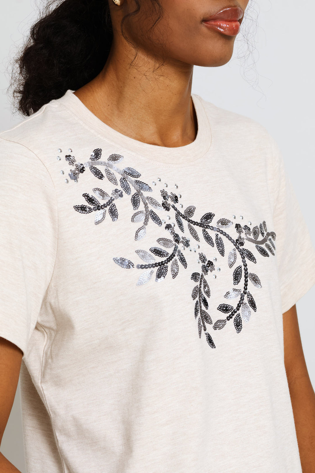 Beaded Shoulder Detail Tee - Oatmeal Melange