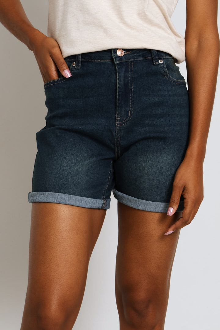 Classic Roll Hem Supersoft Mid Thigh Denim Short - Dark Tea Stain