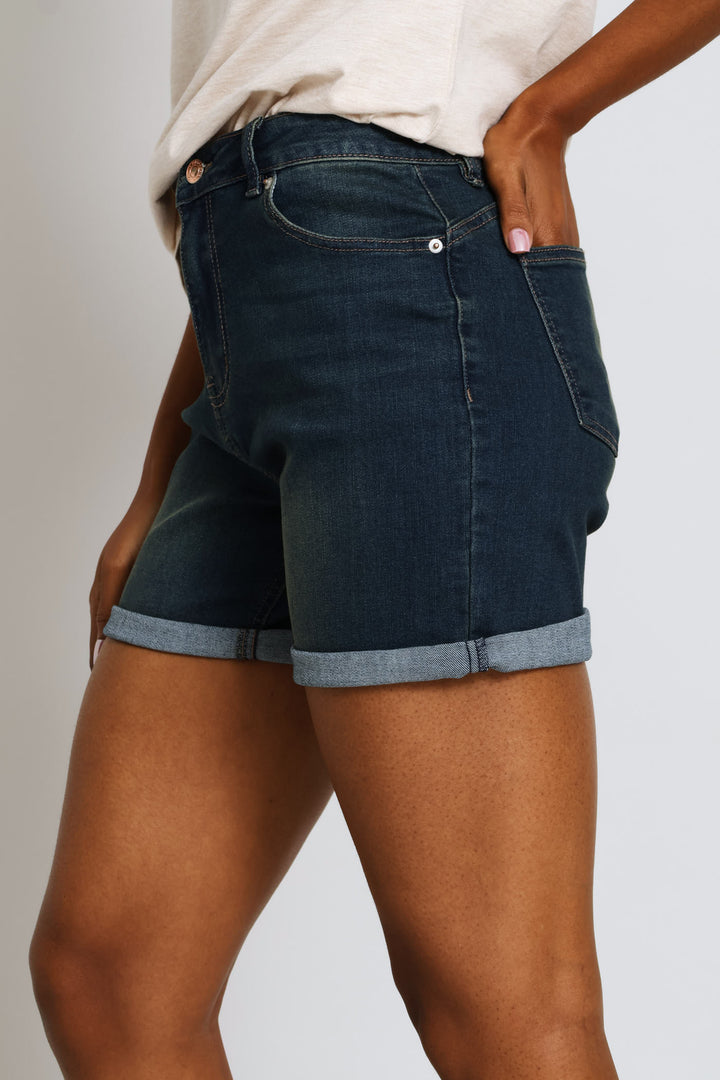 Classic Roll Hem Supersoft Mid Thigh Denim Short - Dark Tea Stain