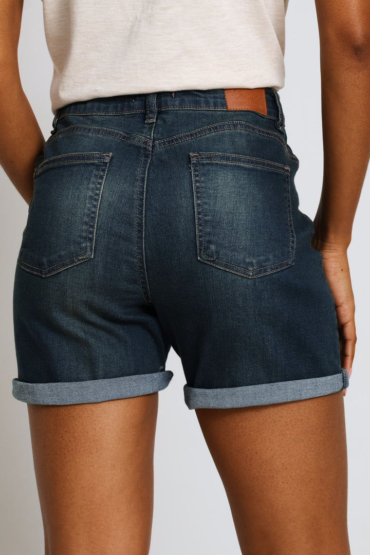 Classic Roll Hem Supersoft Mid Thigh Denim Short - Dark Tea Stain