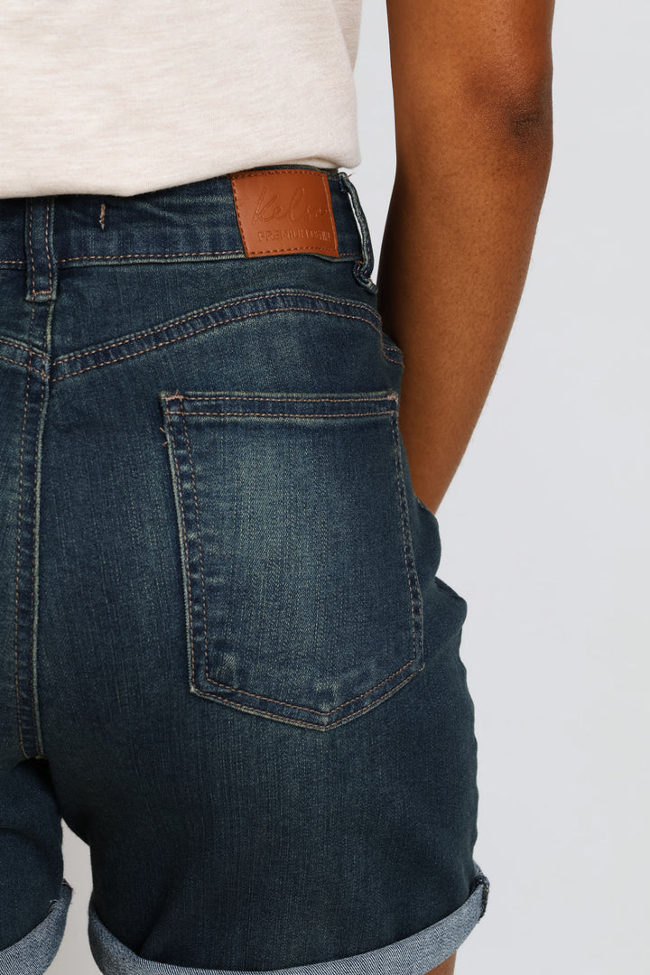 Classic Roll Hem Supersoft Mid Thigh Denim Short - Dark Tea Stain