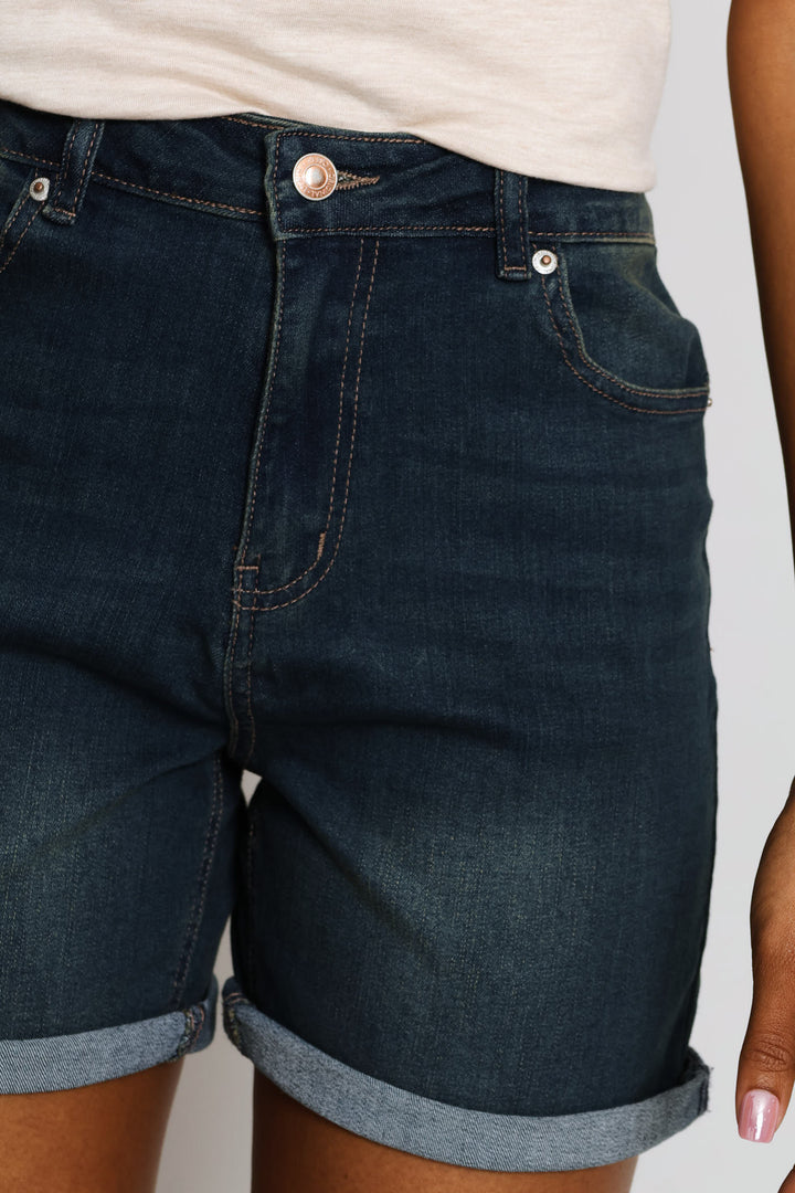 Classic Roll Hem Supersoft Mid Thigh Denim Short - Dark Tea Stain