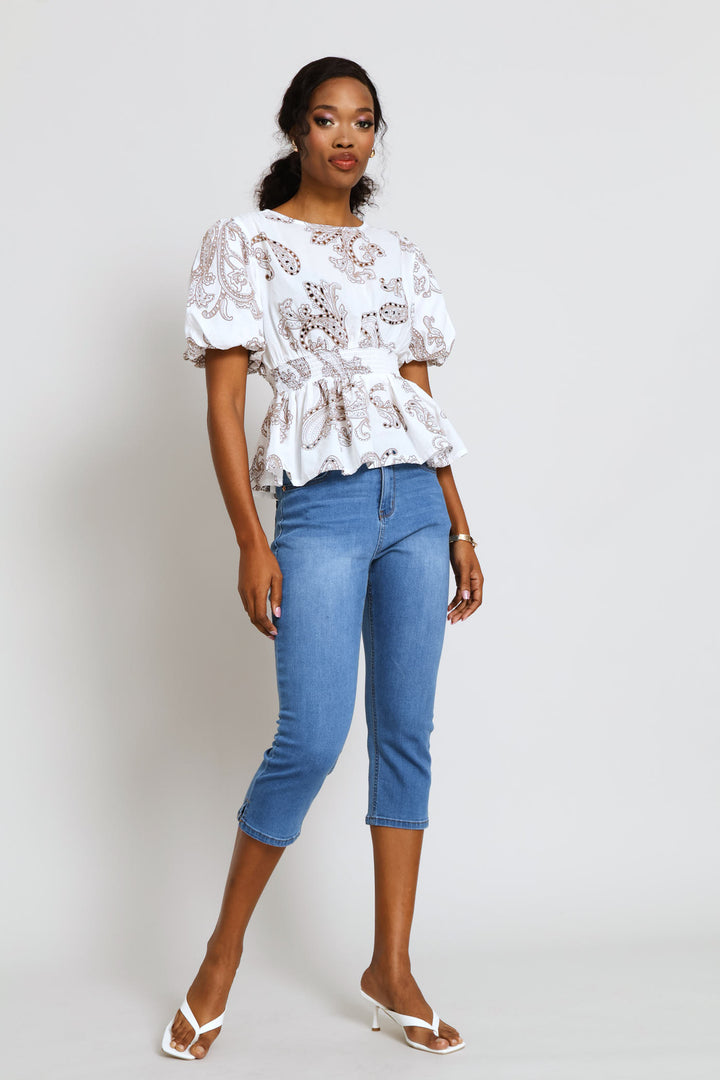 Bubble Sleeve Anglaise Waisted Blouse - White