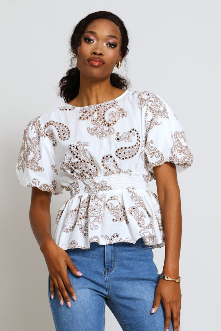 Bubble Sleeve Anglaise Waisted Blouse - White