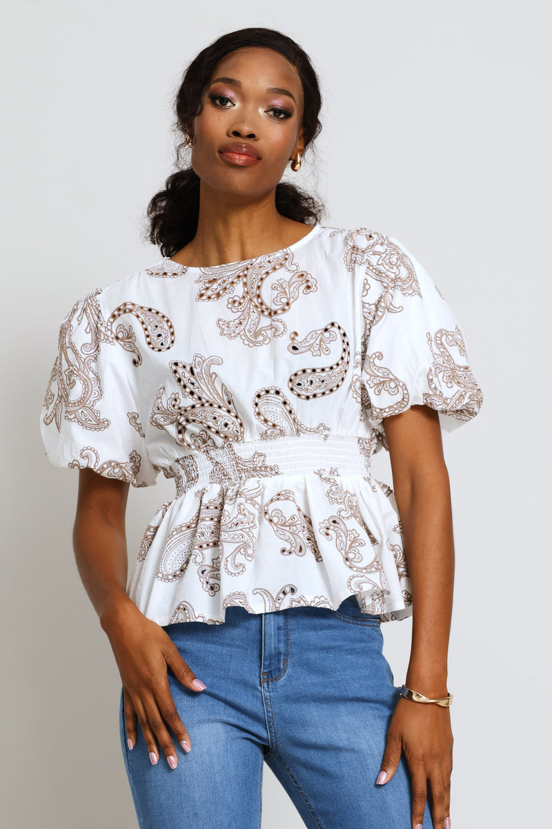 Bubble Sleeve Anglaise Waisted Blouse - White
