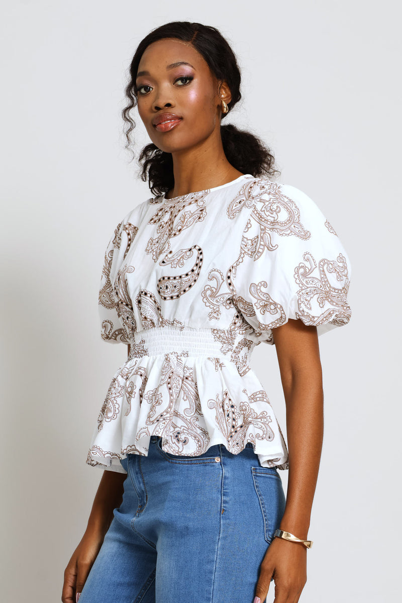 Bubble Sleeve Anglaise Waisted Blouse - White