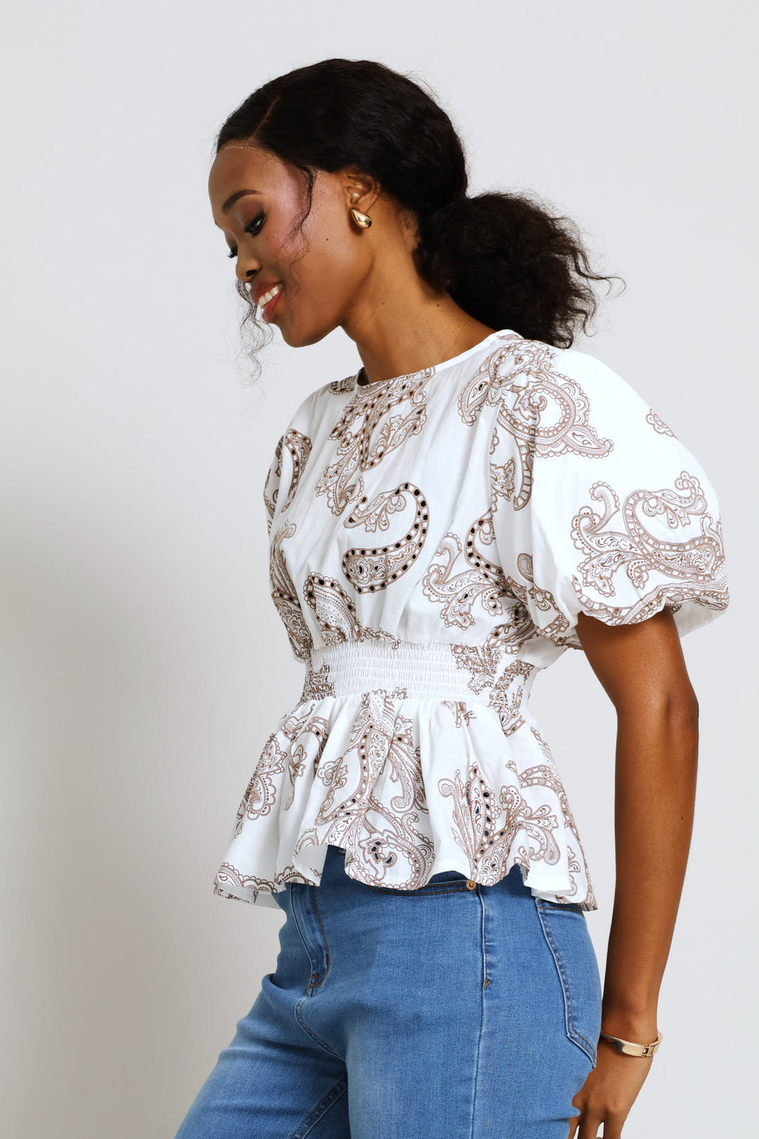 Bubble Sleeve Anglaise Waisted Blouse - White