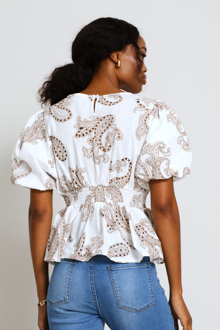 Bubble Sleeve Anglaise Waisted Blouse - White