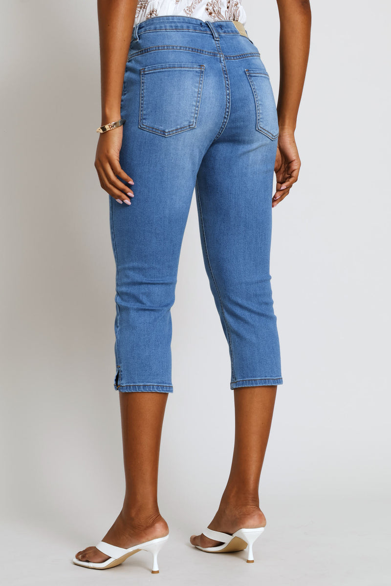 Split Hem Skinny Supersoft Denim Capri Short - Mid Wash