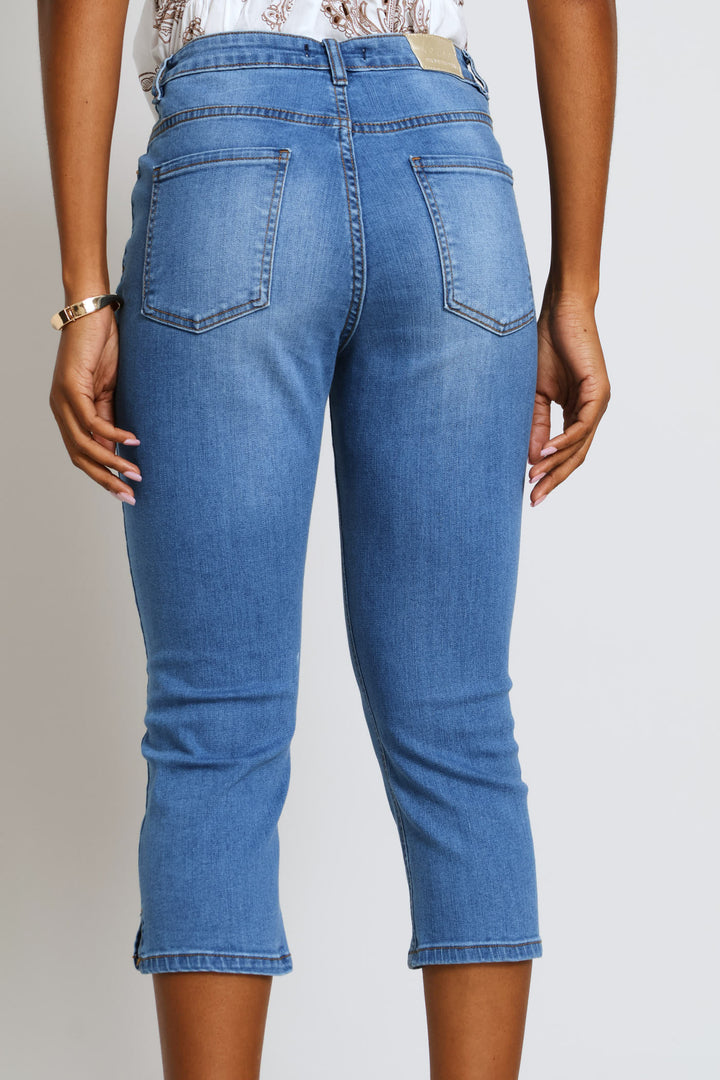 Split Hem Skinny Supersoft Denim Capri Short - Mid Wash