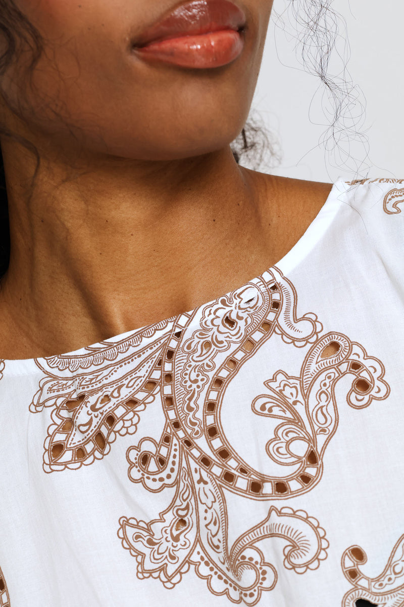 Bubble Sleeve Anglaise Waisted Blouse - White