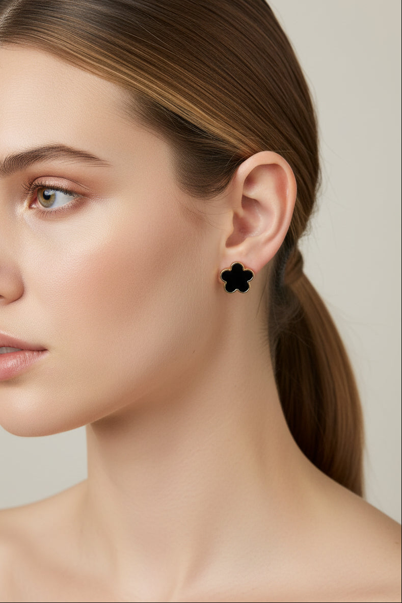 Floral Small Stud Earrings - Gold/Black