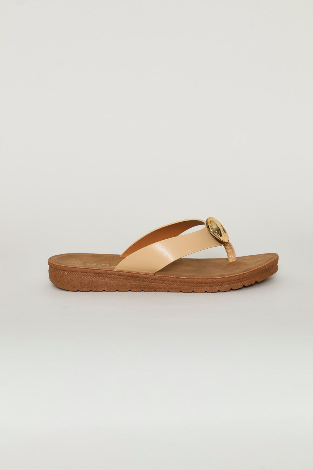 Metal Trim Wide Strap Thong Sandal - Natural