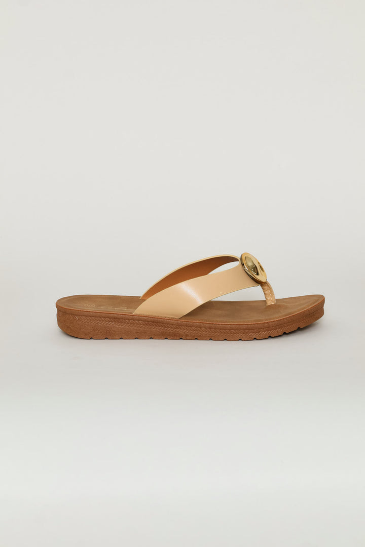 Metal Trim Wide Strap Thong Sandal - Natural