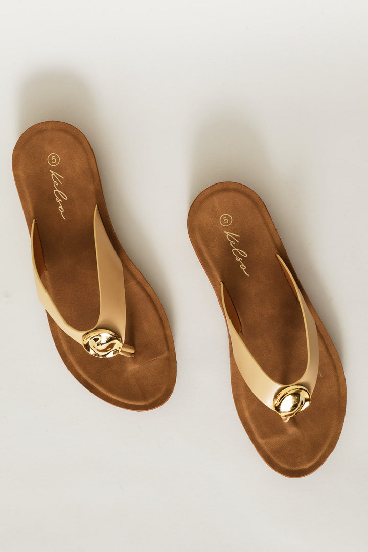 Metal Trim Wide Strap Thong Sandal - Natural