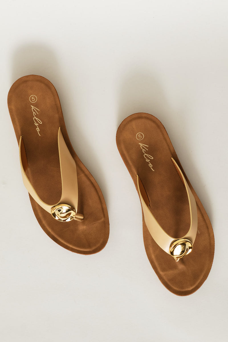Metal Trim Wide Strap Thong Sandal - Natural