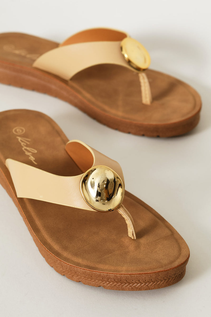Metal Trim Wide Strap Thong Sandal - Natural