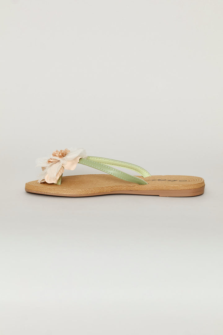 Chiffon Flower Trim Thong Sandal - Green