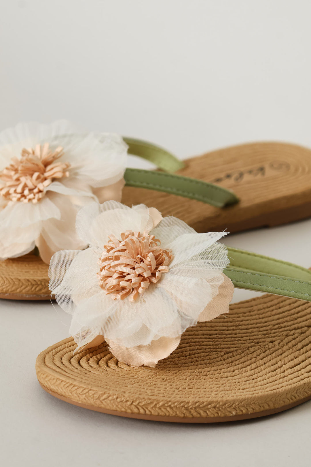 Chiffon Flower Trim Thong Sandal - Green