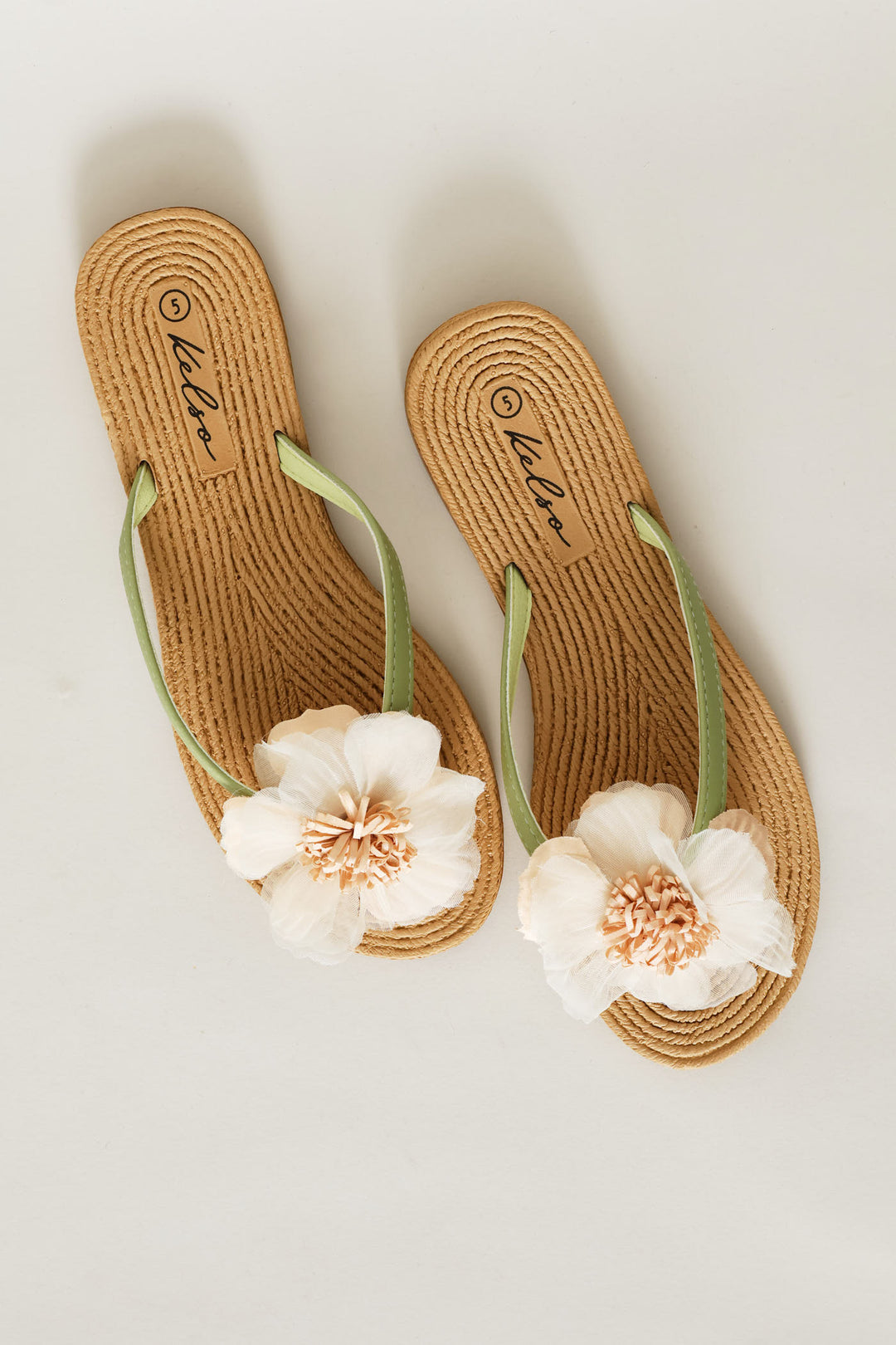 Chiffon Flower Trim Thong Sandal - Green