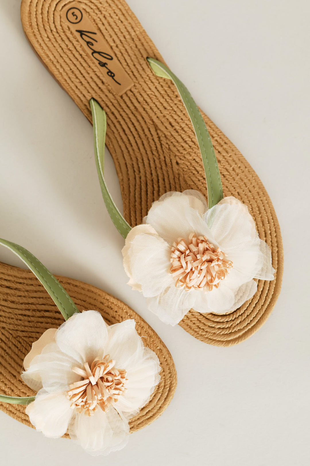 Chiffon Flower Trim Thong Sandal - Green