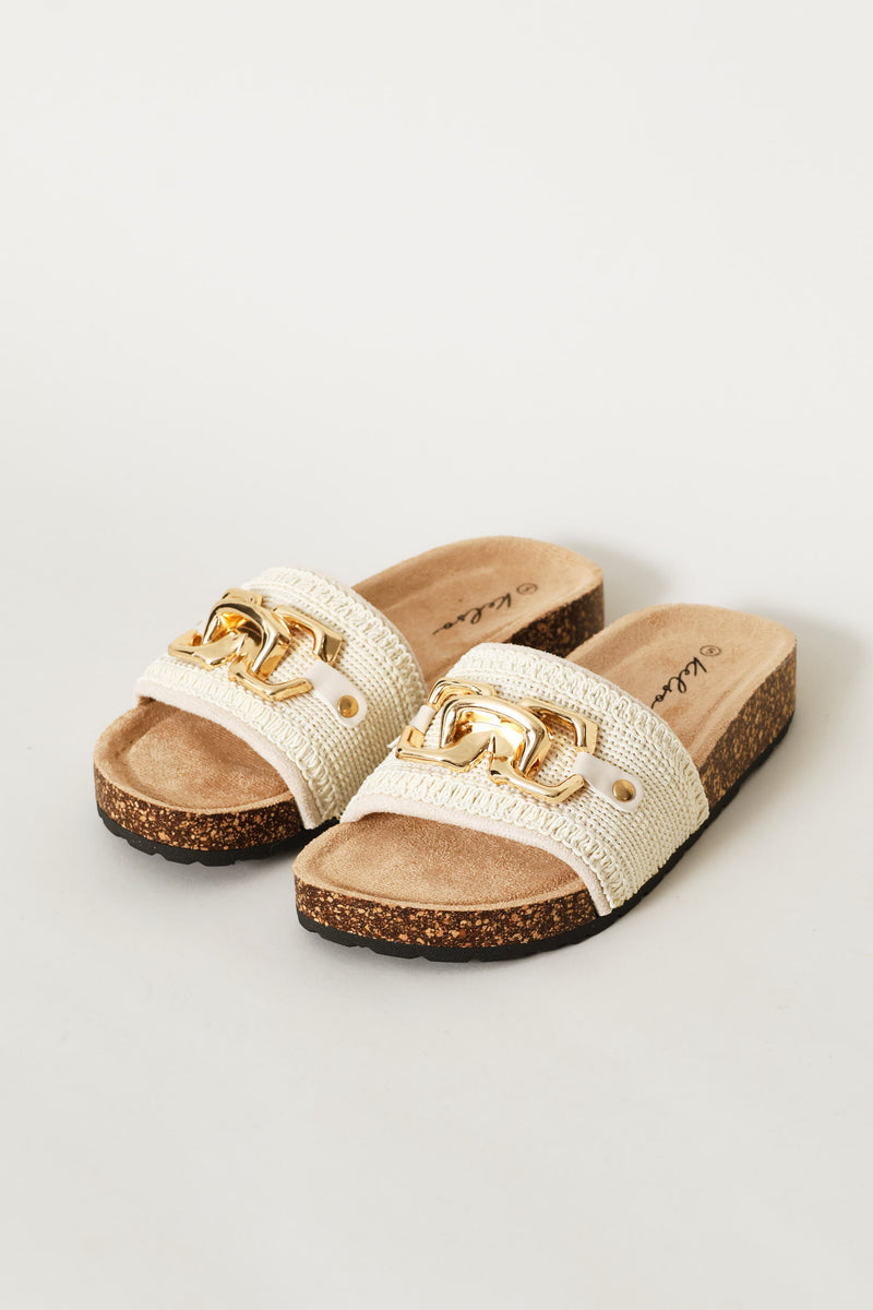 Metal Trim Woven Slide Sandal - Oatmeal