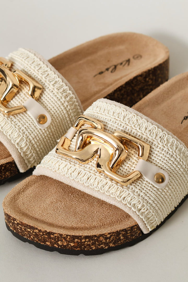 Metal Trim Woven Slide Sandal - Oatmeal