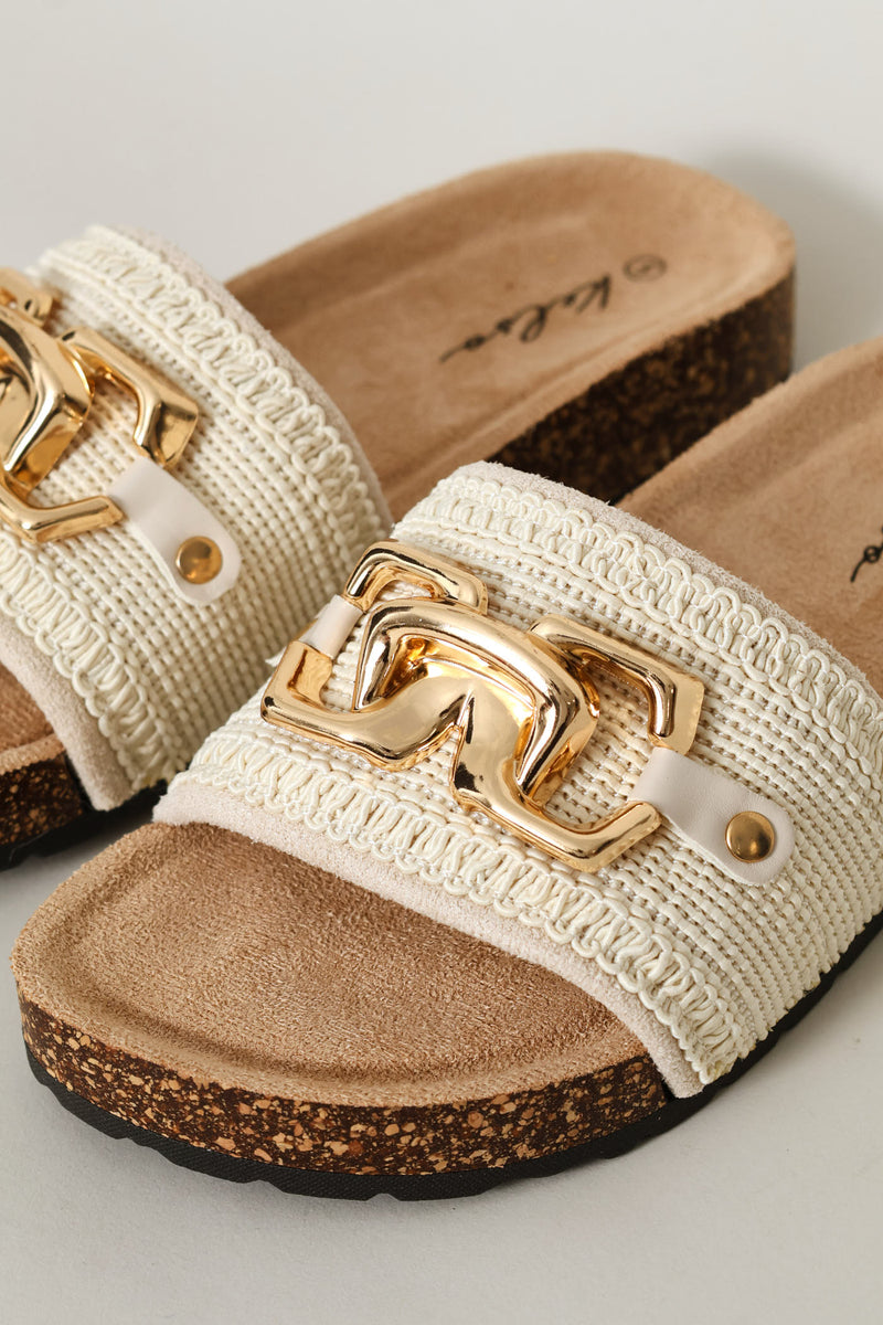 Metal Trim Woven Slide Sandal - Oatmeal